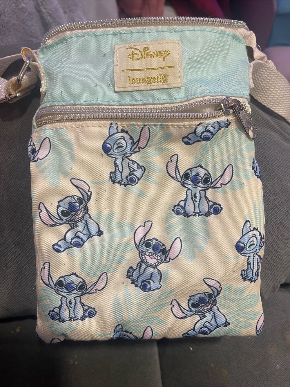 Loungefly Disney Stitch Pattern Crossbody Bag in Light Blue, Cream, Pink